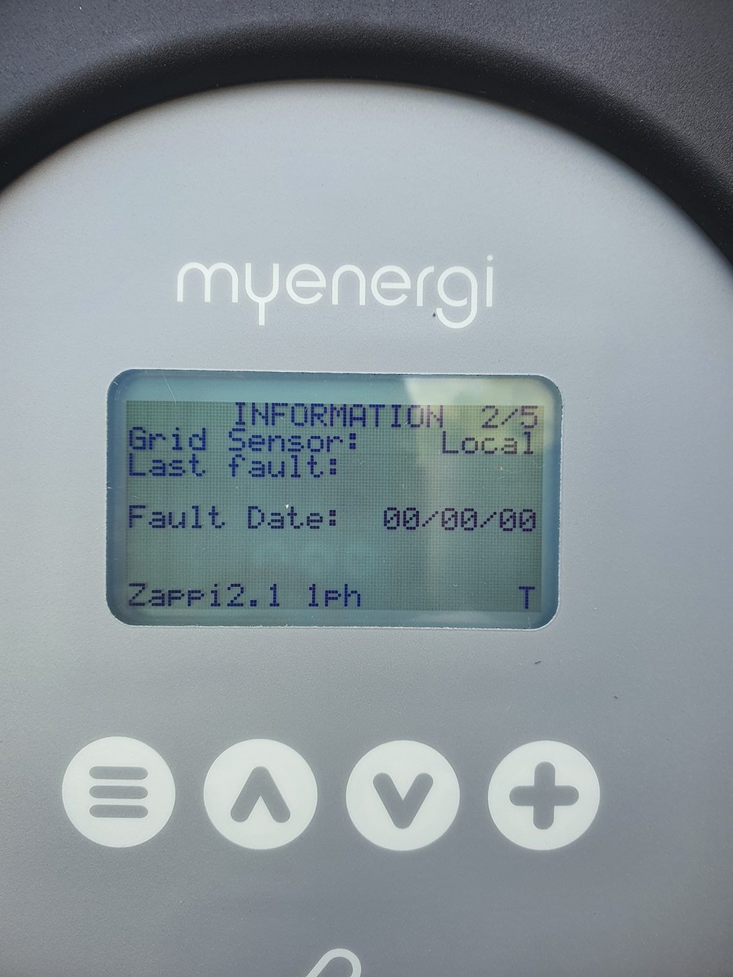 Zappi electric vehicle charger display showing diagnostic information