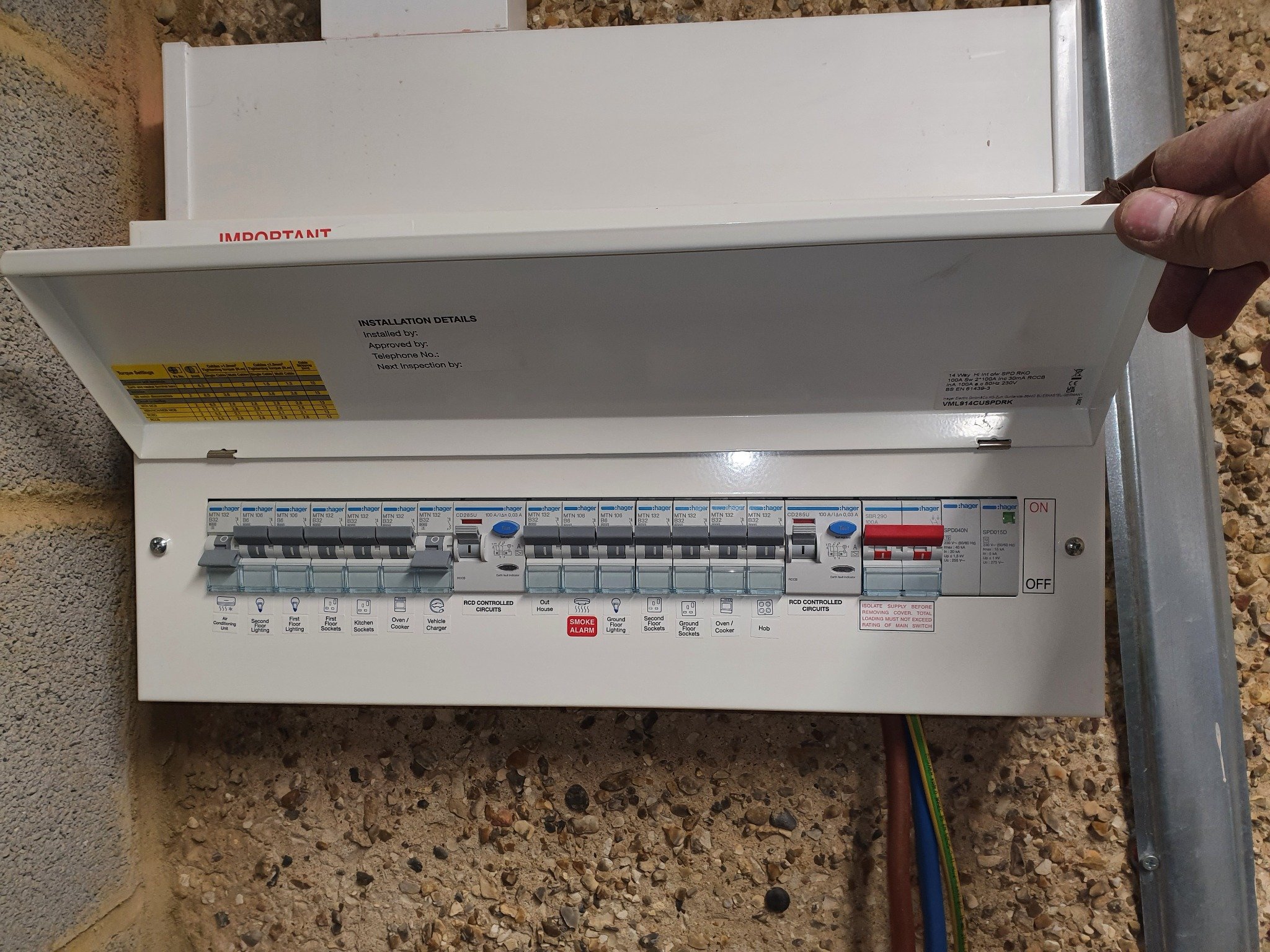 Installed FuseBox consumer unit with labelled RCBO circuits and surge protection