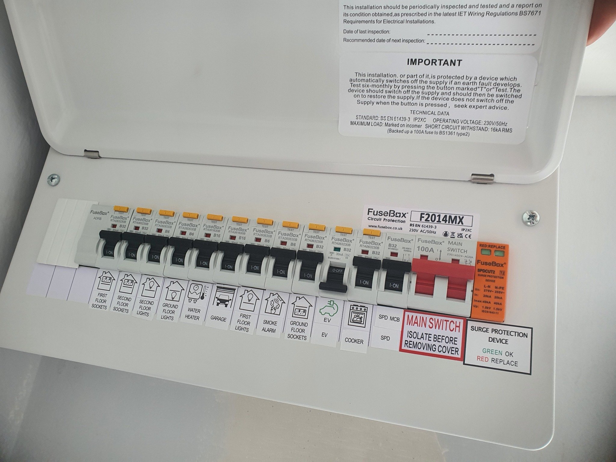 Installed Hager consumer unit with labelled circuit breakers and RCD protection